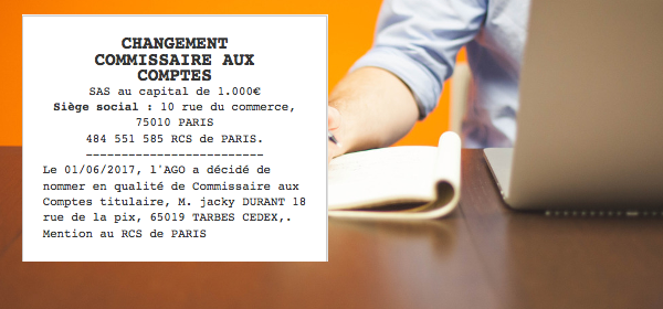 annonce legale changement commissaire aux comptes